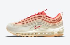 The Nike women’s Air Max 97 Sisterhood showcases a gradient theme throughout its water drop-inspired upper. Dark pink on the collar lining and tongue gives way to peach undertones on the top portion of the upper, which spans a mesh base with wavy suede overlays. A neutral cream finish is applied to the wraparound suede mudguard. Branding elements include a color-popped mini-Swoosh and a half-circle logo on the custom sockliner that spells out ‘Sister.’ The 97’s full-length Air-sole unit delivers Black Air Max 97, Nike 97s, Nike Air Max 97 Women, Nike Women Outfits, Nike 97, Air Max 97s, Nike Airmax 97, Nike Models, Womens Air Jordans