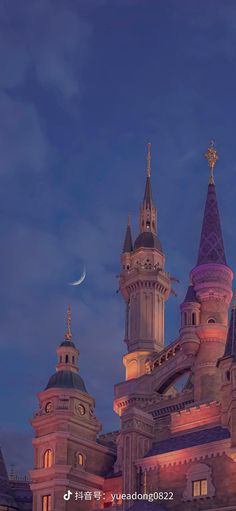 an image of a castle at night with the moon in the sky