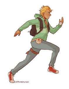 a man with a backpack is running while wearing red shoes and a green hoodie