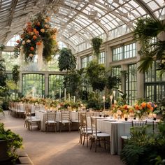 the inside of a greenhouse with tables and chairs set up for a formal dinner or party