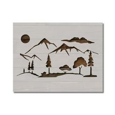 an image of mountains and trees on a piece of wood with the moon in the background