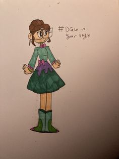 a drawing of a girl with glasses and a green dress