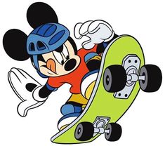 the mickey mouse is doing tricks on his skateboard