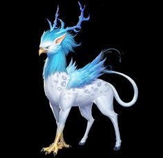 a white and blue bird with horns on its head is standing in the dark background