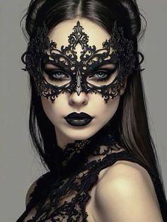 a woman wearing a black mask with lace on her face and long hair in the middle