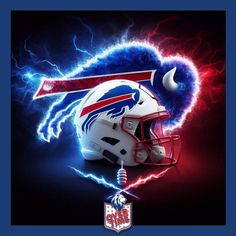 a helmet with the buffalo bills logo on it and lightning behind it, in front of a black background