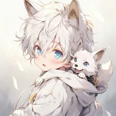 an anime character holding a white cat in her arms and looking at the camera with blue eyes