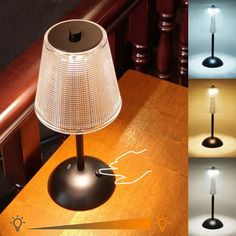 a lamp that is sitting on top of a wooden table next to a light bulb