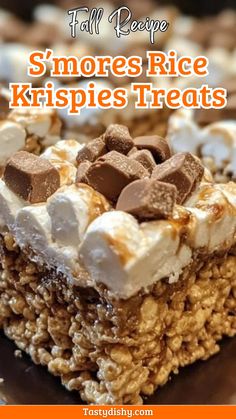 an image of s'mores rice krispies treats on a plate with text overlay