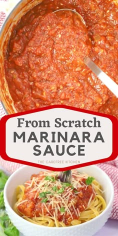 a white bowl filled with spaghetti sauce and the words from scratch marinara sauce above it