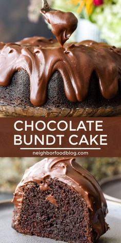 the best chocolate bundt cake ever on a plate with one slice cut out and topped with chocolate frosting