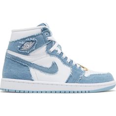 Air Jordan 1 High OG ‘Denim’ (Women's) - This item is listed in Women's US sizing. Please refer to the size listings for conversions. The women’s Air Jordan 1 High OG ‘Denim’ updates the iconic silhouette with a material makeover inspired by the world of casual apparel. The high-top is clad in a white tumbled leather upper with denim overlays in washed indigo, complete with frayed edges for a worn-in aesthetic. The signature Wings logo appears on a sewed-on patch atop the lateral ankle, while ov Jordan 1 High Og Denim, Wmns Air Jordan 1, Black Nike Shoes, Denim Sneakers, Shoes Outfit Fashion, Jordans Women, Jordan 1 High Og