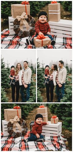 a family poses for their christmas photos in front of the tree farm with presents wrapped around them