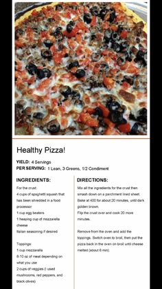 a pizza with olives, tomatoes and other toppings is shown in this brochure