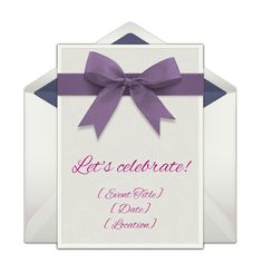 an envelope with a purple ribbon and bow on the front that says let's celebrate