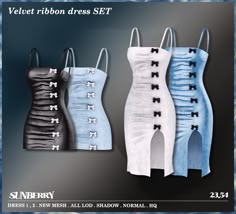 three dresses with bows on them are shown in blue, white and black colors from velvet ribbon dress set