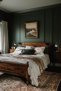 a bedroom with dark green walls and an old fashioned bed in the middle, along with a rug on the floor