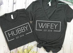 "♥This listing is for the \"Hubby and Wifey\" t shirt set. These shirts are perfect for wearing after your wedding, on your honeymoon, or giving as a wedding present. The shirts are a poly and cotton blend, which make them very soft and comfy! The lettering is high quality, industrially heat pressed vinyl. ---When choosing your size, please note that the woman's cut v necks run small so size up two sizes for a normal fit. If you regularly wear a Large, I suggest going with the unisex fit shirt. Married Couple Shirts, Mr And Mrs Shirts, Mrs Shirts, Mrs Shirt, Honeymoon Shirts, Anniversary Shirt