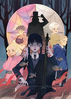 an anime character holding a bass in front of other characters