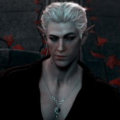 a man with white hair wearing a necklace