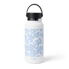 a white and blue floral water bottle on a white background