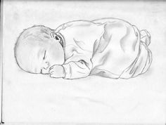 a pencil drawing of a baby sleeping on its back with it's eyes closed