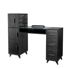 a black desk with drawers and a glass top on it's side, against a white background