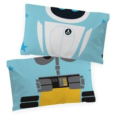 two pillow cases with an image of a robot on the front and back, both in blue