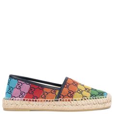 100% authentic Gucci Pilar slip on espadrilles in rainbow colored GG Supreme eco-washed organic jacquard denim. Black leather trim at topline and sides. Braided jute detail at sole edge with rubber sole. Brand new. Come with dust bag. Measurements Imprinted Size 39 (run 1/2 size small) Shoe Size 38.5 Inside Sole 25.5cm (9.9in) Width 7.5cm (2.9in) All our listings include only the listed item unless otherwise specified in the description above. Gucci Flat Shoes, Gucci Flats, Espadrilles Flats, Slip On Espadrilles, Bag Measurements, Flats Shoes, Flat Espadrilles, Leather Trim, Leather Trims