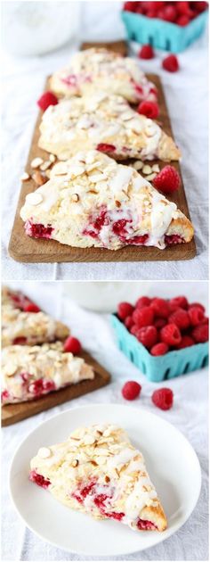 raspberry cheesecake on a cutting board with fresh raspberries in the background