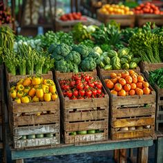 crates filled with lots of different types of fruits and vegetables