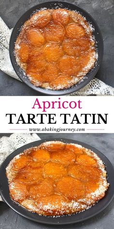 apricot tarte tatin in a cast iron skillet with powdered sugar on top