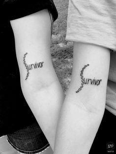 two people with matching tattoos on their arms, one has the word survivor in cursive