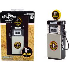 an old fashioned gas pump is next to a box with the word signal on it