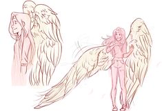 a drawing of an angel girl with long hair and wings on her back, standing in front of two other angels