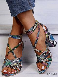 Lasaky - Exquisite Snakeskin Strappy Block Heel Sandals for Women Heel Sandals For Women, Strappy Block Heel Sandals, Strappy Block Heels, Outfit Chic, Snakeskin Heels, Block Heel Sandals, Buckled Heels, Chunky Heels Sandals, Buckle Sandals