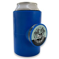 a blue can cooler with a black and white label on it's lid is shown