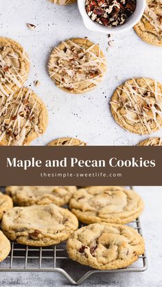 maple and pecan cookies on a cooling rack next to a bowl of dried nuts