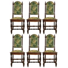 six chairs with green upholstered seats and wood frame, all in the same pattern