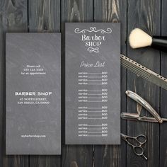 a barber shop menu sitting on top of a table next to scissors and combs