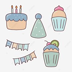 birthday cupcakes and bunting flags with candles, cake, party png and psd