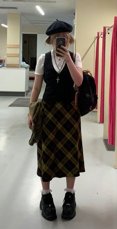 Outfit Ideas For Long Skirts, Summer Plaid Skirt Outfit, Long Plaid Skirt Outfit Winter, Hellfire Club Shirt Outfit, Outfit With Plaid Skirt, Alternative Business Fashion, Fall Outfits Whimsigoth, Long Winter Skirt Outfit, How To Style A Plaid Skirt