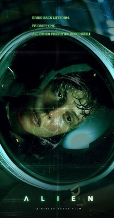 the alien movie poster with a man looking out from an open space station window in front of him