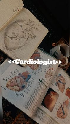 an open book with pictures of human heart and blood vessels on it, next to a coffee mug