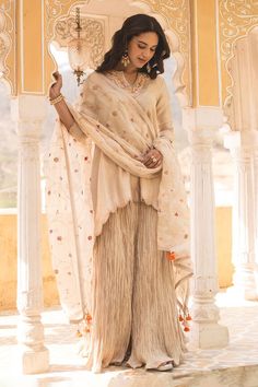 Silver, beige chanderi kurta with multicolor anchor, marodi embroidery in floral pattern on yoke. Paired with crushed sharara and dupatta. - Aza Fashions Marodi Embroidery, Crushed Sharara, Chanderi Kurta, Kurta Set For Women, Indian Attire, Kurta Set, Set For Women, Aza Fashion, Fashion Set