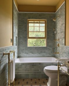 a bath room with a toilet a tub and a window