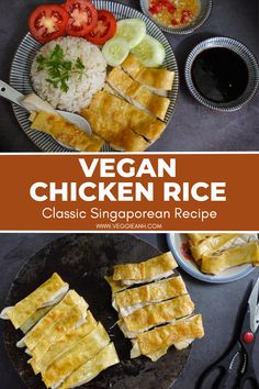 vegan chicken rice is served on a plate with chopsticks and sauce in bowls