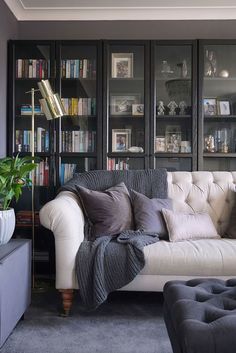 a living room filled with furniture and bookshelves next to a couch in front of a window