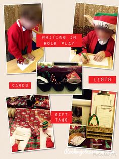 a collage of photos with the words writing in role play and images of children at christmas