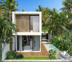 an artist's rendering of a modern home surrounded by palm trees and greenery